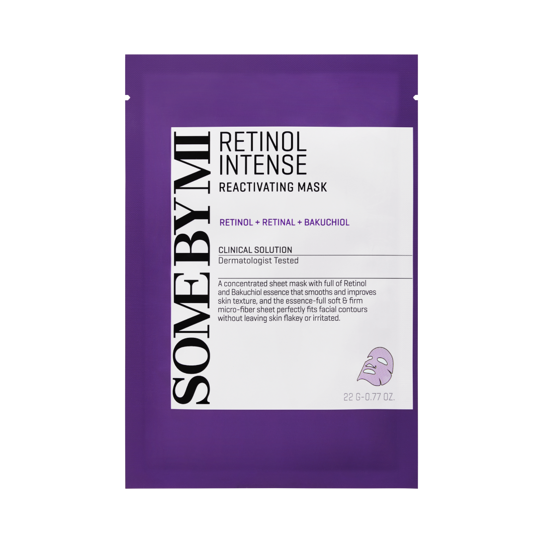 Lilla og hvid pakke med teksten "Some By Mi Retinol Intense Reactivating Mask" og ingredienser.