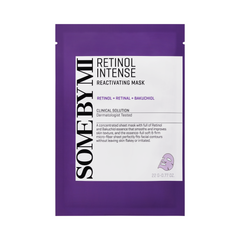Lilla og hvid pakke med teksten "Some By Mi Retinol Intense Reactivating Mask" og ingredienser.