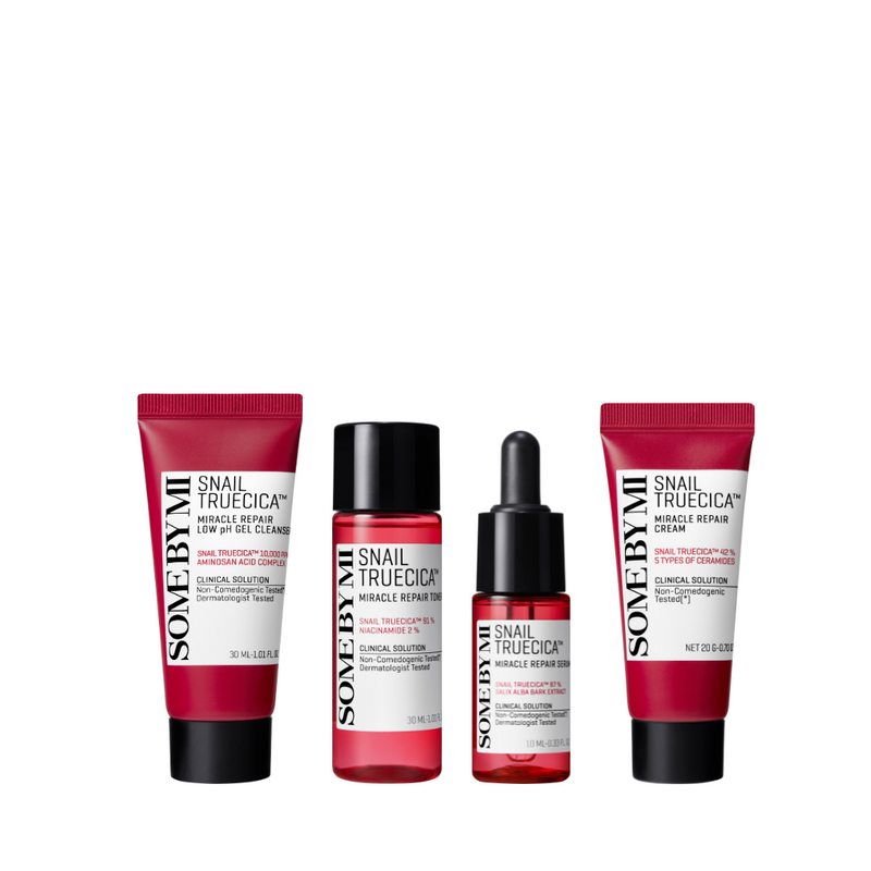 Fire Some By Mi Snail Truecica produkter i røde og sorte beholdere: cleanser, toner, serum, creme.