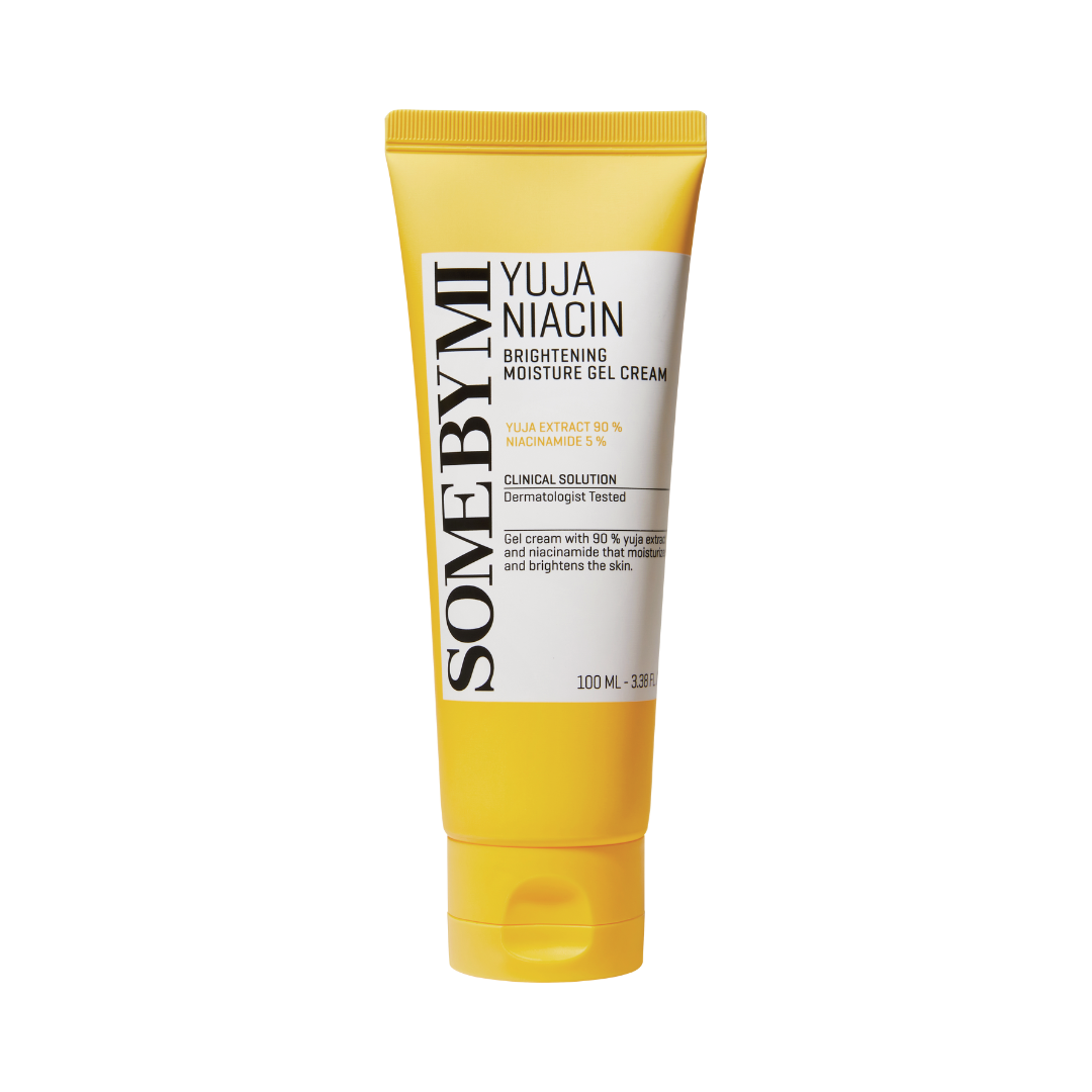 Gul tube med teksten "Some By Mi - Yuja Niacin Brightening Moisture Gel Cream".