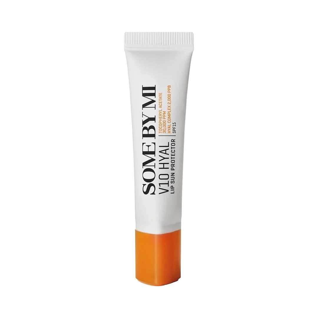 Hvid tube med sort og orange skrift, mærket Some By Mi V10 Hyal Lip Protector SPF 15.