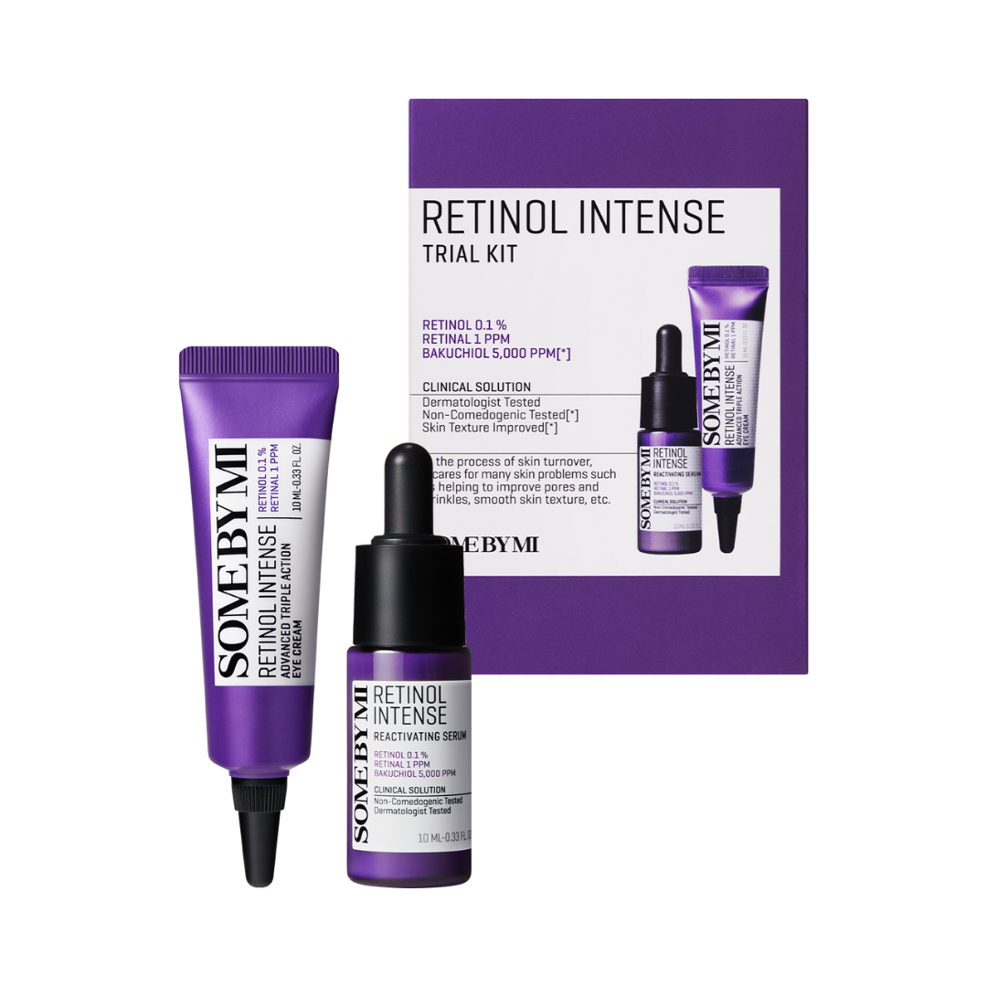 Lilla æske med "Retinol Intense Trial Kit", indeholder tube og pipetteflaske, begge lilla.