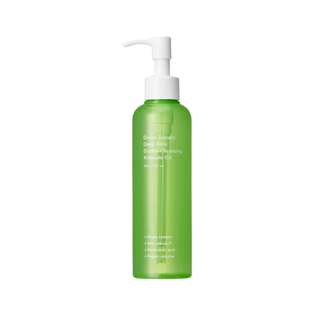 Grøn flaske med pumpe, tekst: "Green Tomato Deep Pore Double Cleansing Ampoule Oil".