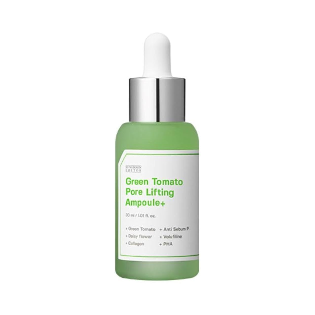 Grøn flaske med sølv pipette, mærket "Green Tomato Pore Lifting Ampoule+".