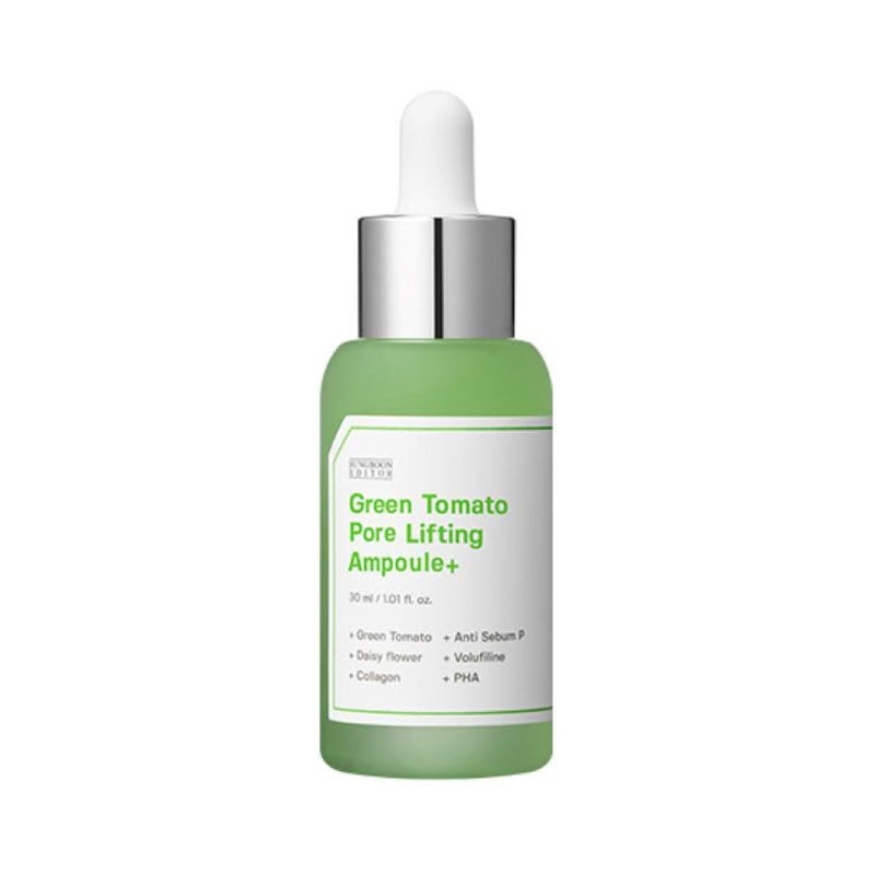 Grøn flaske med sølv pipette, mærket "Green Tomato Pore Lifting Ampoule+".