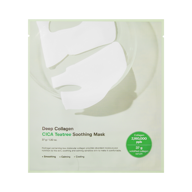 Emballage til Deep Collagen Cica Teatree Soothing Mask med tekst om beroligende og kølende egenskaber.