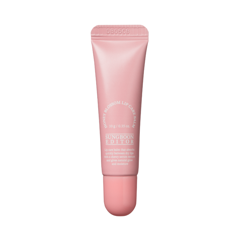 Lyserød tube med hvid tekst: "Sungboon Editor - Honey Blossom Lip Care Balm", 10g.