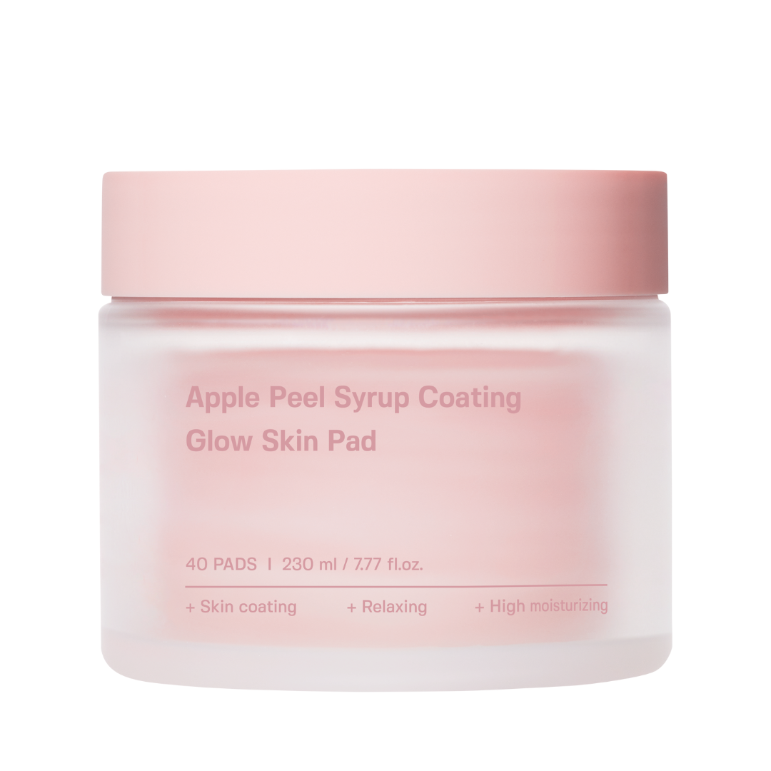 Lyserød krukke med "Apple Peel Syrup Coating Glow Skin Pad", 40 pads, fugtgivende og afslappende.