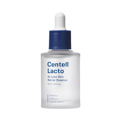 Klar flaske med blå hætte; tekst: Centell Lacto AC Less Skin Barrier Essence, 30 ml, med ingredienser.