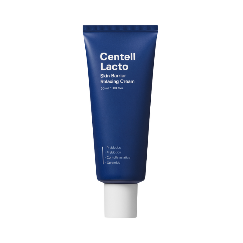 Blå tube med hvid tekst: "Centell Lacto Skin Barrier Relaxing Cream", 50 ml, med probiotika.