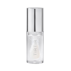 Klar flaske med sølvlåg, mærket "TIRTIR", indeholder gennemsigtig lip olie.