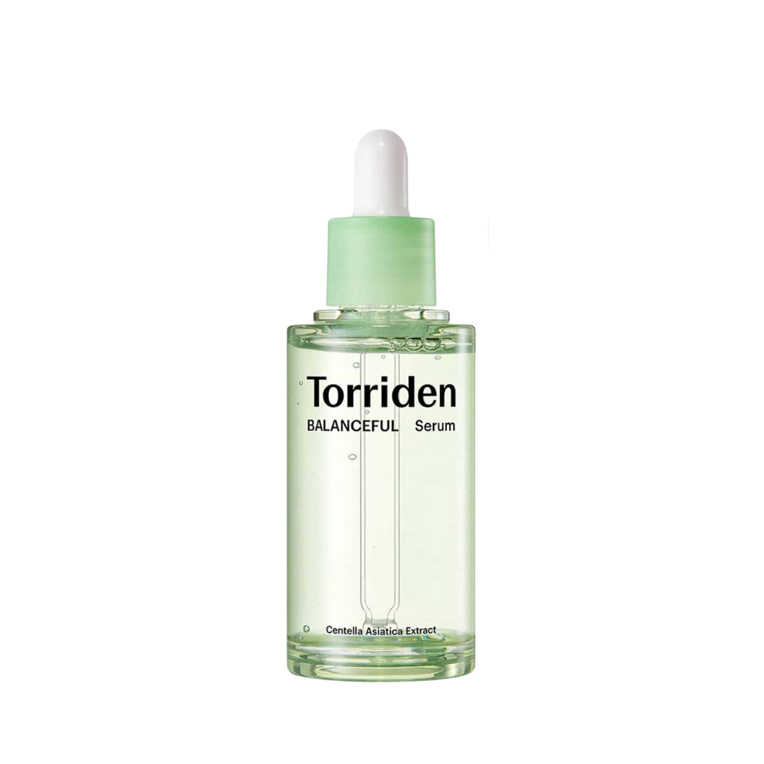 Klar flaske med grøn pipettehætte, mærket "Torriden Balanceful Serum" med Centella Asiatica.