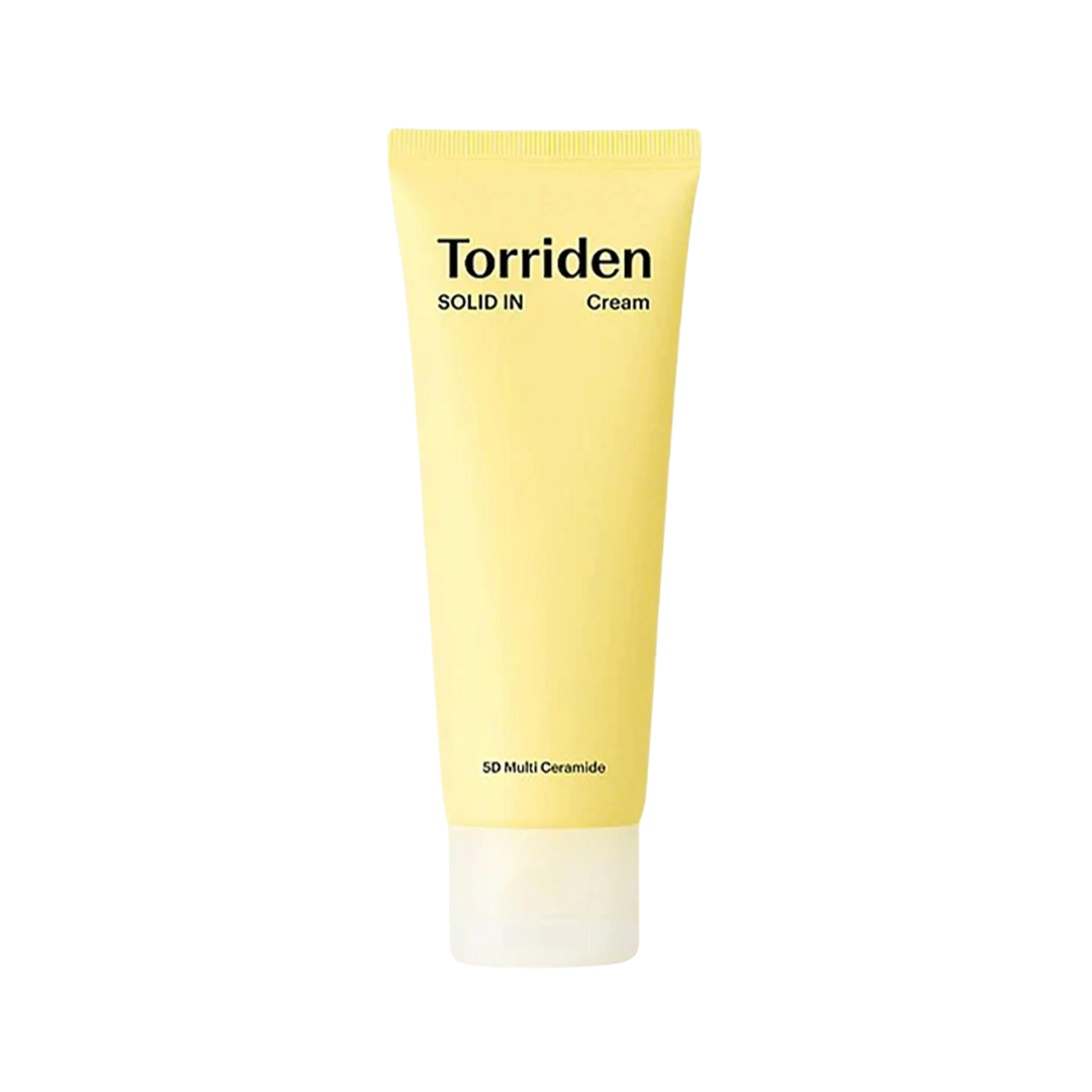 Gul tube med sort tekst: "Torriden Solid In Cream" og "5D Multi Ceramide" nederst.