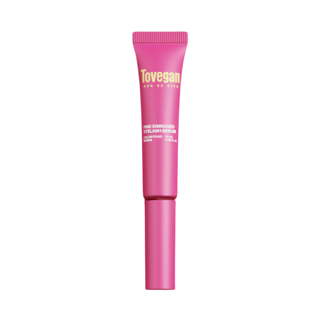 Pink tube med "Tovegan" og "Pink Enriched Eyelash Serum" tekst.