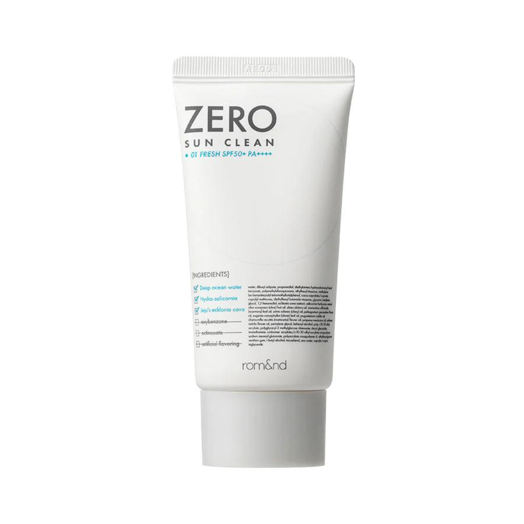 Hvid tube med teksten "ZERO SUN CLEAN", SPF50+ PA++++, og liste over ingredienser.