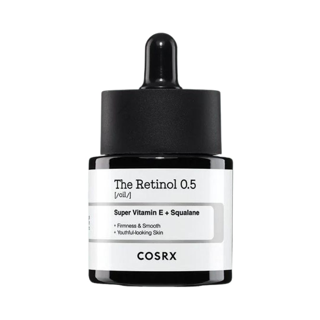 Lille flaske med sort pipette, label "The Retinol 0.5," Super Vitamin E + Squalane, mærke COSRX.