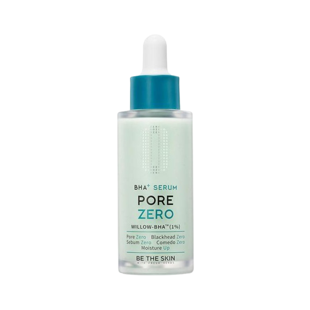 Flaske med blå dråbehætte, etikette siger "BHA+ Pore Zero Serum", "Willow-BHA™ (1%)".