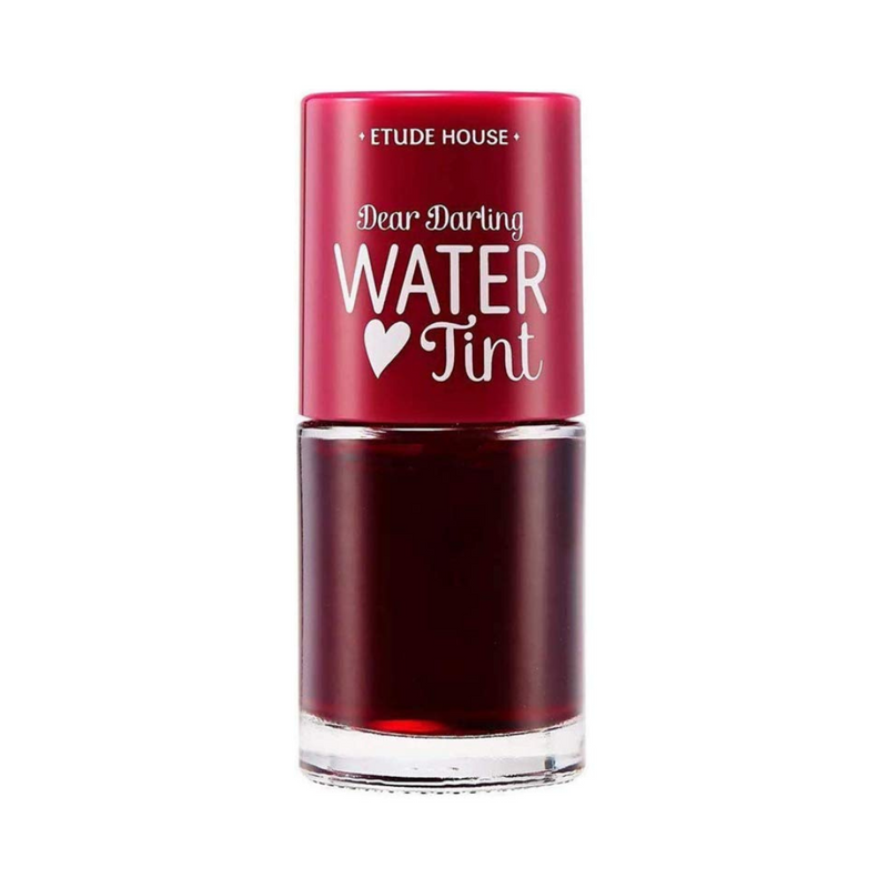 Rød hætte med hvid tekst: "Etude House Dear Darling Water Tint", flaske indeholder mørkerød tint.