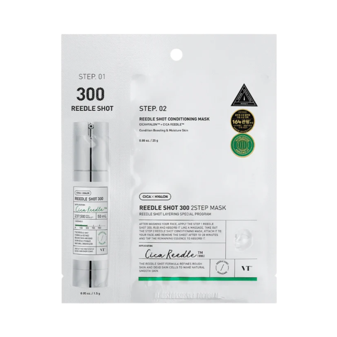 Emballage med to-trins maske, produktbillede og brugsanvisning.