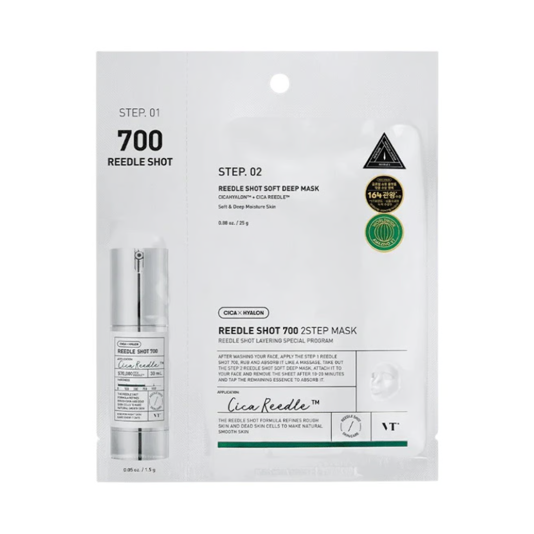 VT Cosmetics 2-trins maske med serumflaske og maske i pose, mærket med produktdetaljer.