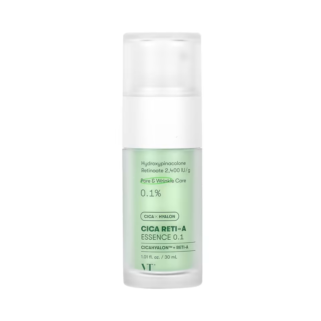 Grøn flaske med hvid hætte, mærket "VT Cosmetics - Cica Reti-A Essence 0.1".