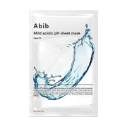 Abib Mild Acidic pH Sheet Mask Aqua Fit med vandstænkmotiv på hvid baggrund.