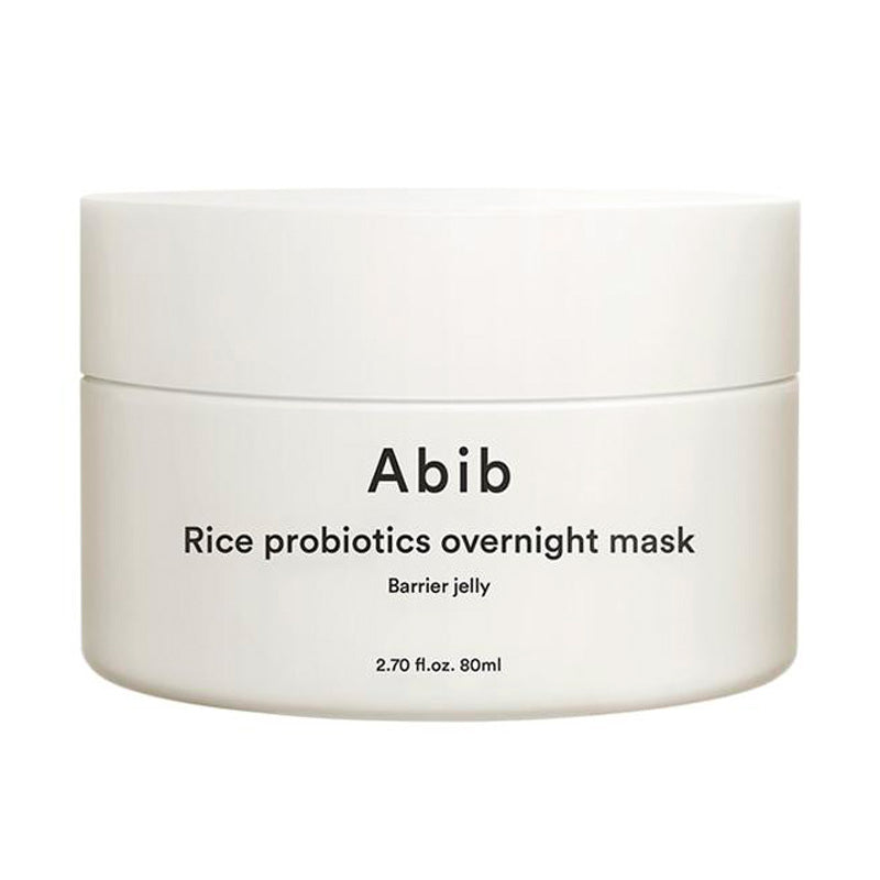 Hvid krukke med teksten "Abib Rice Probiotics Overnight Mask", 80ml.