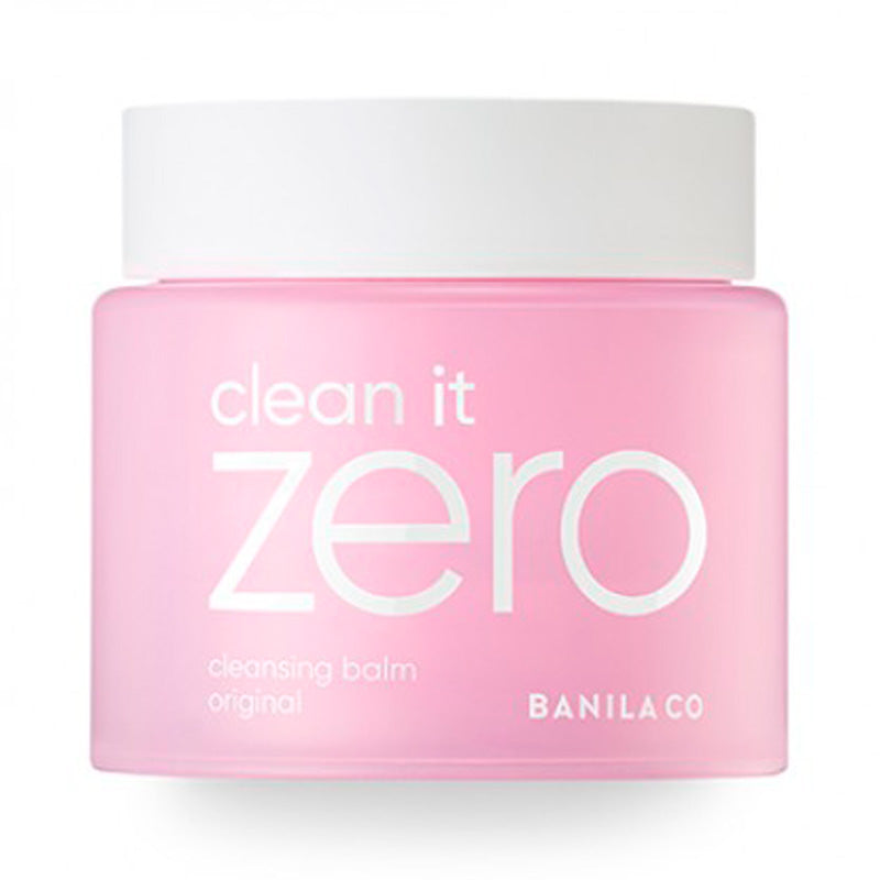 Lyserød krukke med hvidt låg, teksten "clean it zero" og "Banila Co" på forsiden.