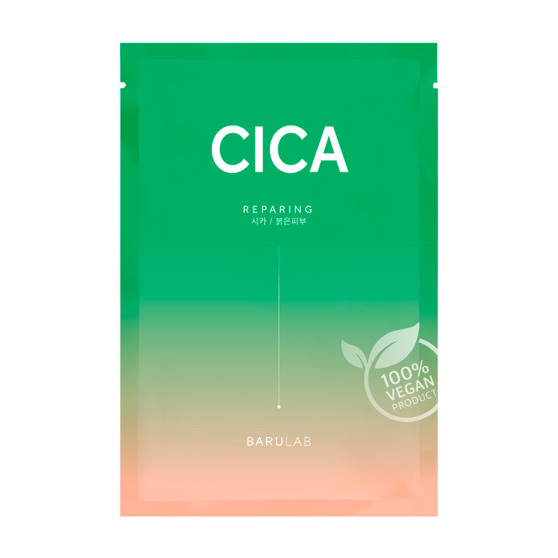 Grøn og fersken emballage, tekst "CICA", "REPARING", "BARULAB", "100% VEGAN PRODUCT".