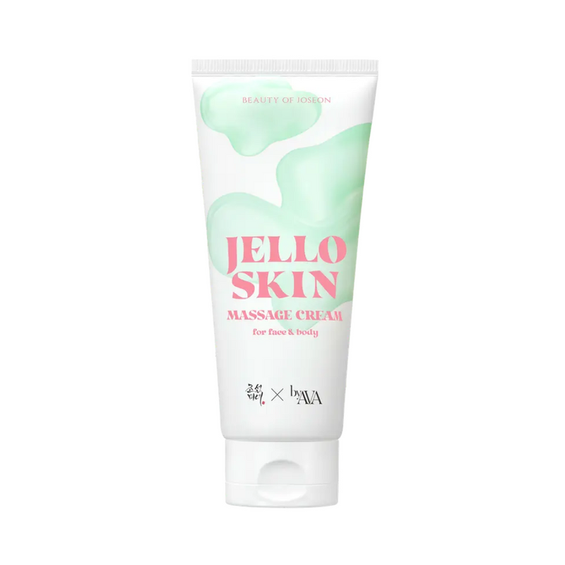 Hvid tube med grønne mønstre, teksten "Jello Skin Massage Cream" på forsiden.