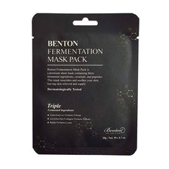 Sort emballage med hvid tekst: "Benton Fermentation Mask Pack", ingredienser og dermatologisk testet.