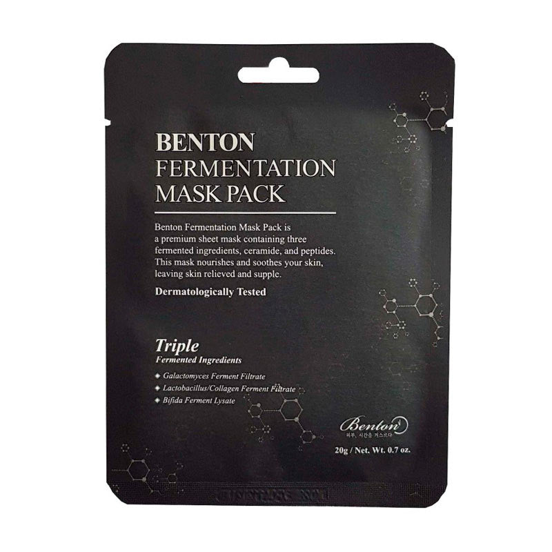 Sort emballage med hvid tekst: "Benton Fermentation Mask Pack", ingredienser og dermatologisk testet.