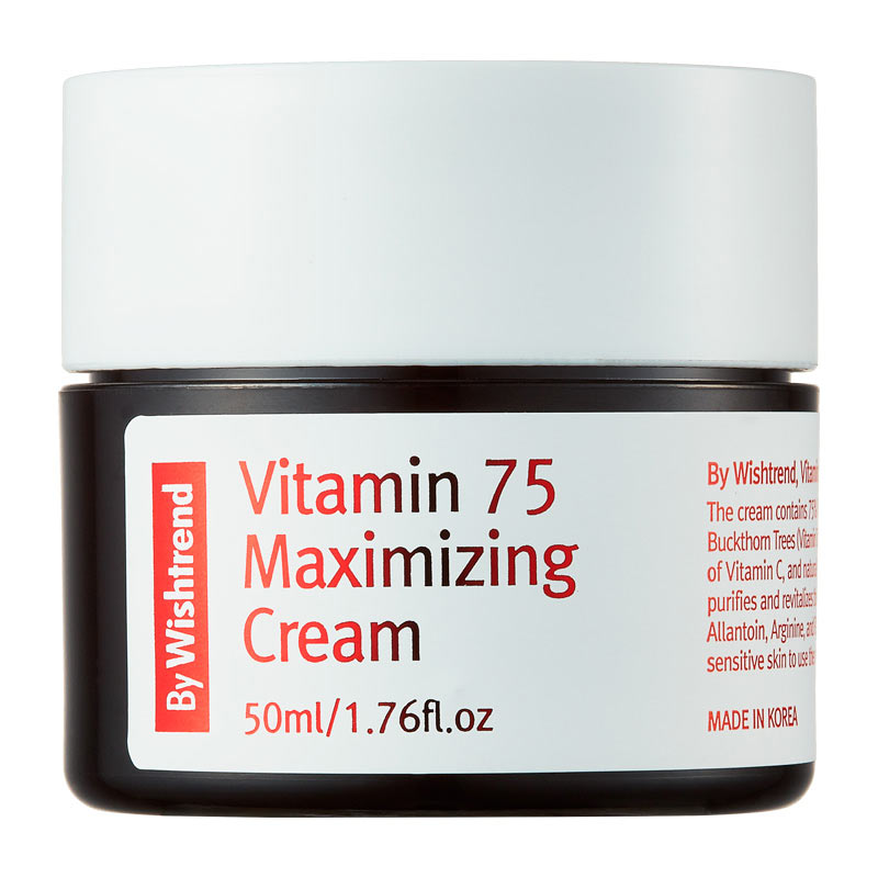Krukke med hvidt låg, mærket "Vitamin 75 Maximizing Cream" i rød tekst, 50ml.