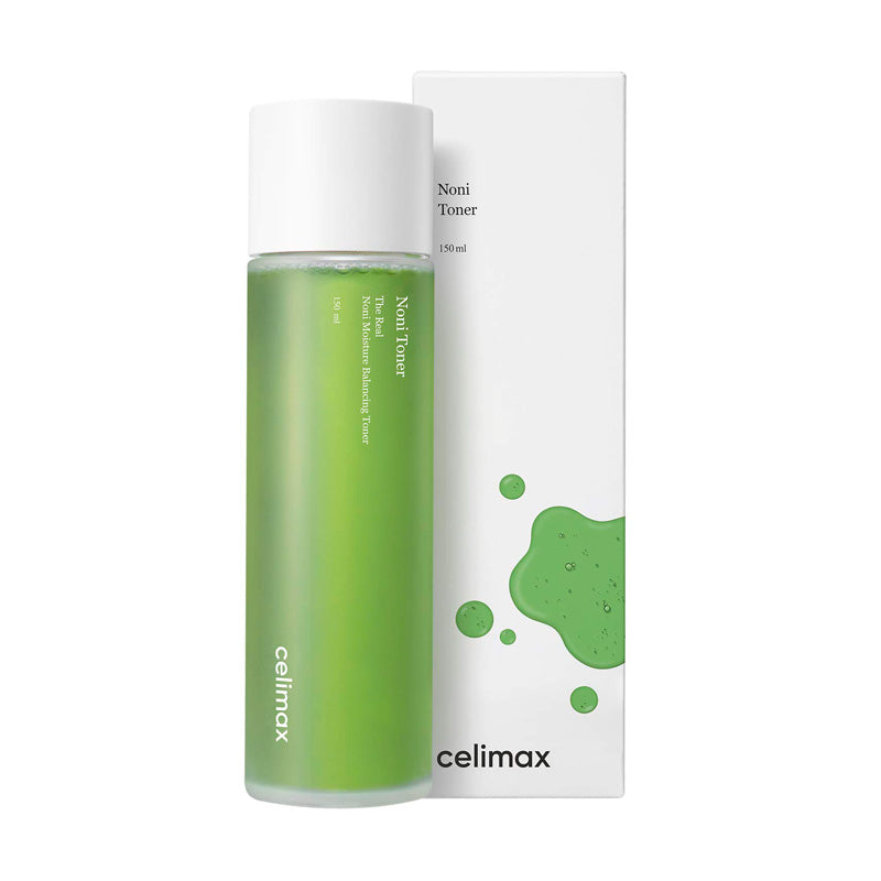 Grøn flaske Celimax Noni Toner ved siden af hvid æske med grønne stænk.