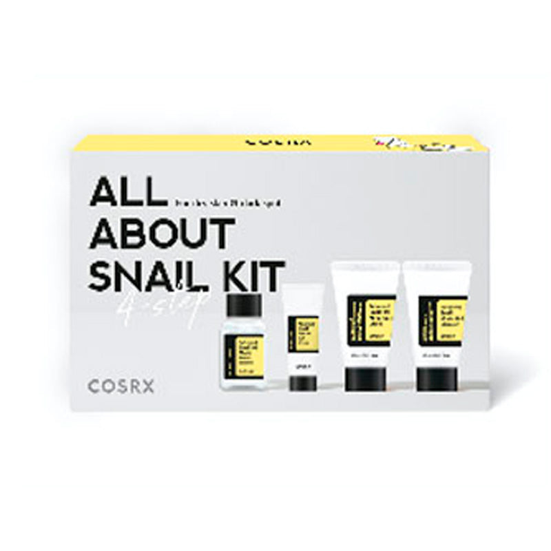 Cosrx All About Snail Kit med fire hudplejeprodukter i hvid emballage med gul tekst.