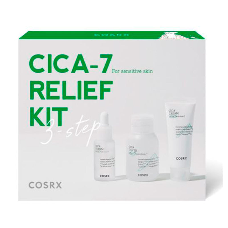 Cosrx CICA-7 Relief Kit med tre hudplejeprodukter til sensitiv hud, 3-trins sæt.