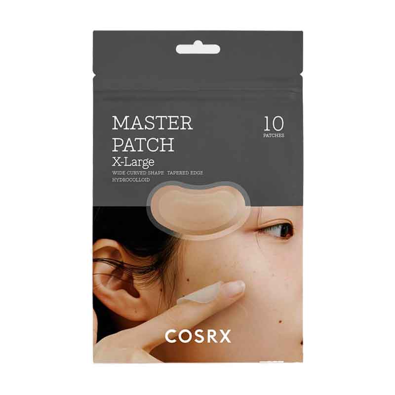 Cosrx Master Patch X-Large emballage med ansigt, der viser anvendelse af plasteret på huden.