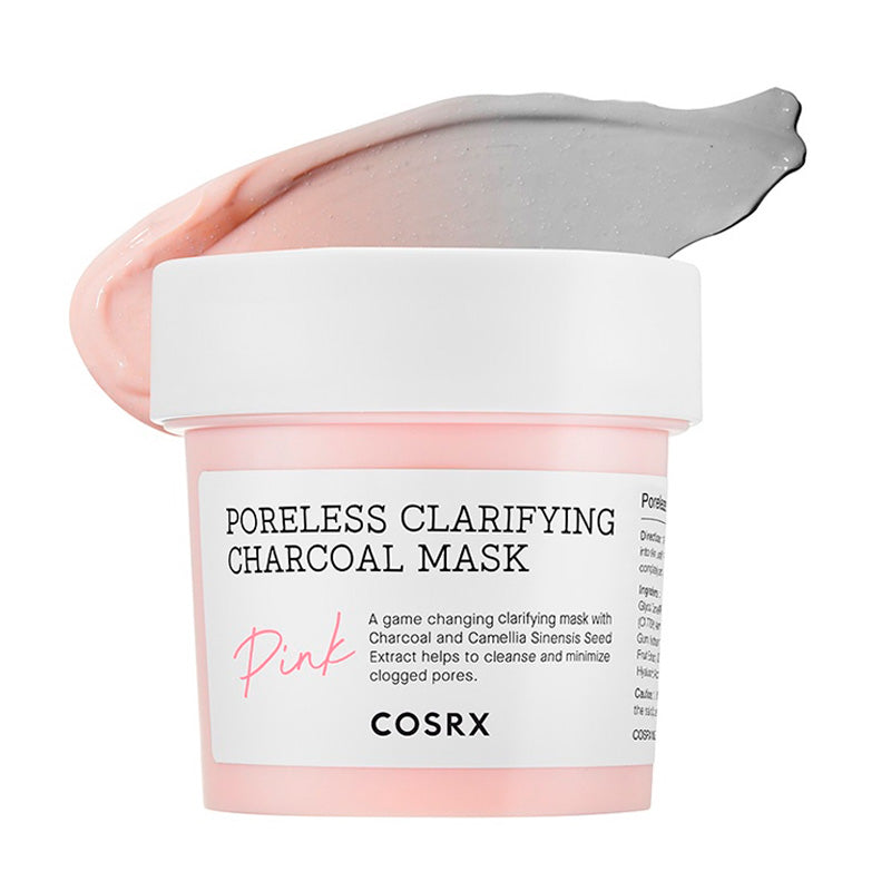 Pink krukke med Cosrx maske. Pink og grå farveprøver på toppen.