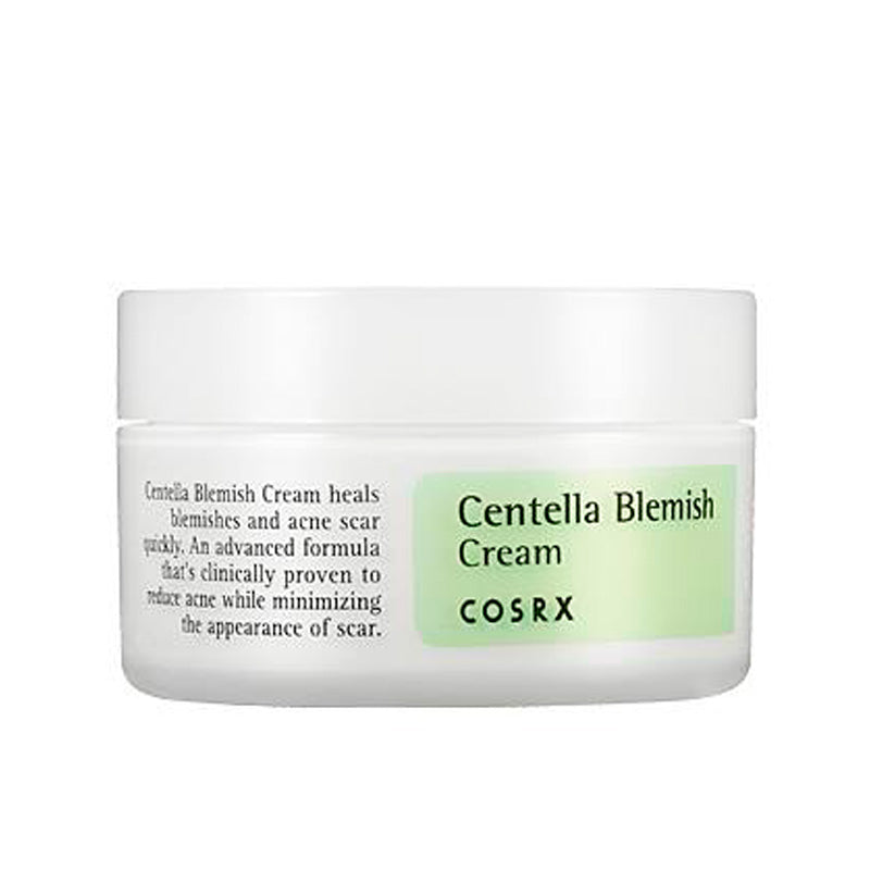 Hvid krukke med grønt mærkat, teksten "Centella Blemish Cream COSRX."
