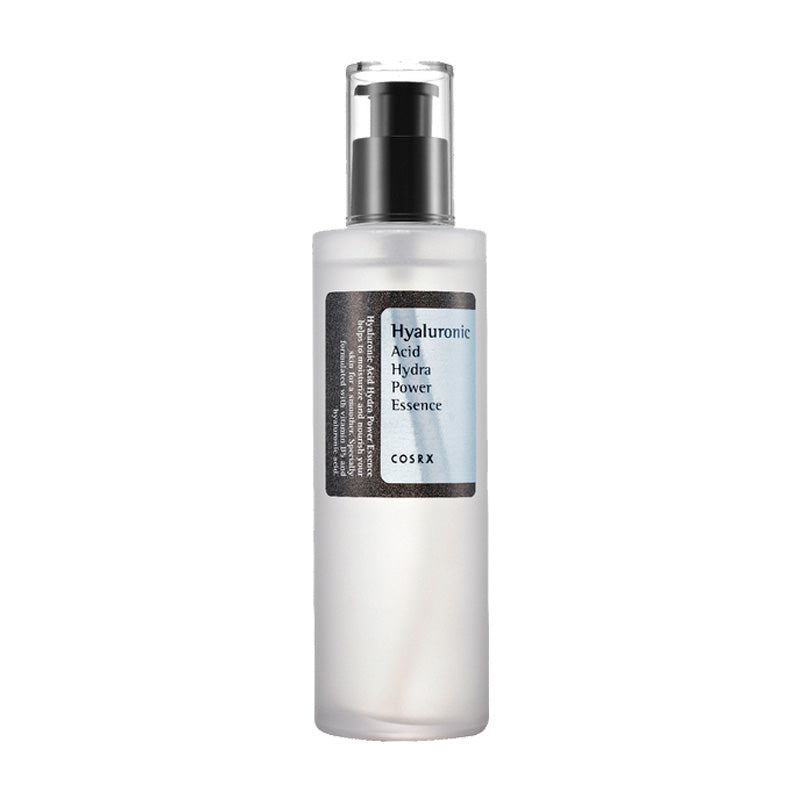Klar flaske med sort pumpe og etiket: "Hyaluronic Acid Hydra Power Essence" fra Cosrx.