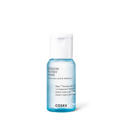 Blå tonerflaske med hvid hætte og sort tekst, mærket "Hydrium Watery Toner" fra Cosrx.