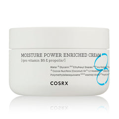Hvid krukke med teksten "Moisture Power Enriched Cream" og ingredienser. Mærket Cosrx.