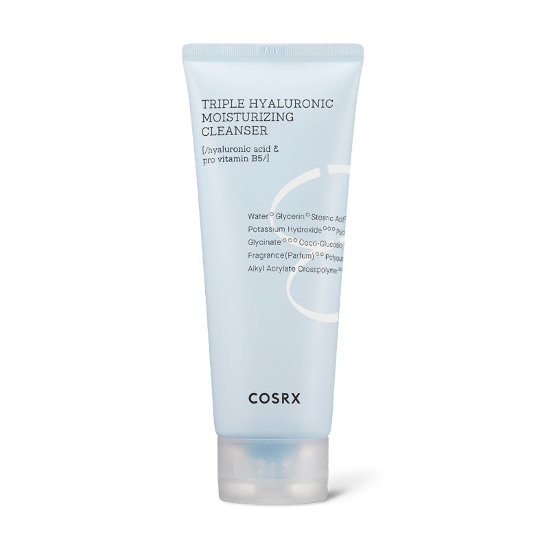 Lys blå tube med tekst "Triple Hyaluronic Moisturizing Cleanser" og ingredienser.