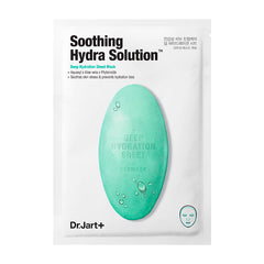 Dr. Jart+ maske med turkis dråbe, fremhæver hydrering og beroligende egenskaber.