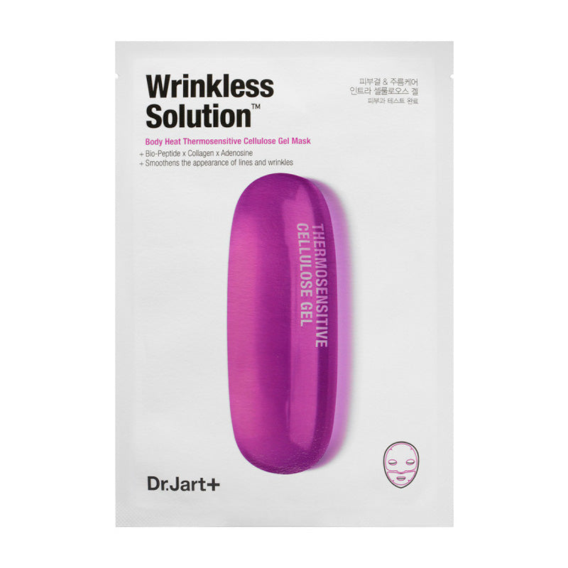 Hvid pakke med teksten "Wrinkless Solution", lilla gelkapsel og Dr. Jart+ logo nederst.