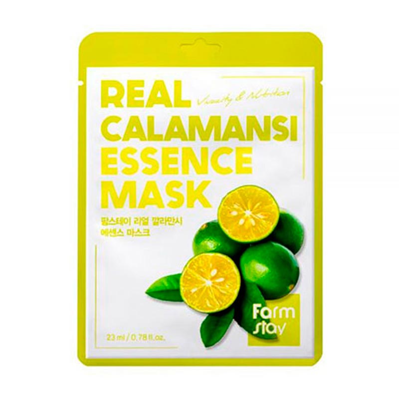 Gul pakke med teksten "Real Calamansi Essence Mask" og billede af halve calamansi-frugter.