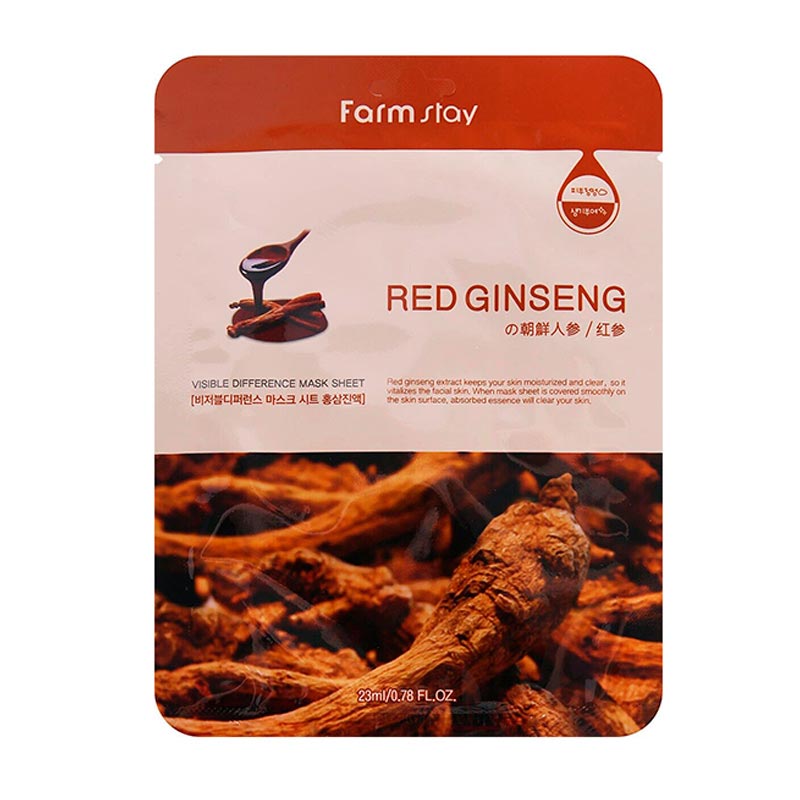 Farm Stay maske med rød ginseng, rød emballage, ginsengrødder vist, 23ml/0.78 fl oz.