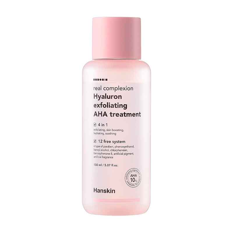 Flaske med lyserød hætte, Hanskin Hyaluron Exfoliating AHA Treatment, "4 i 1" og "12 free system."