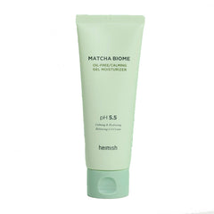 Lysegrøn tube med "Matcha Biome Oil-Free Calming Gel Moisturizer" og pH 5.5.