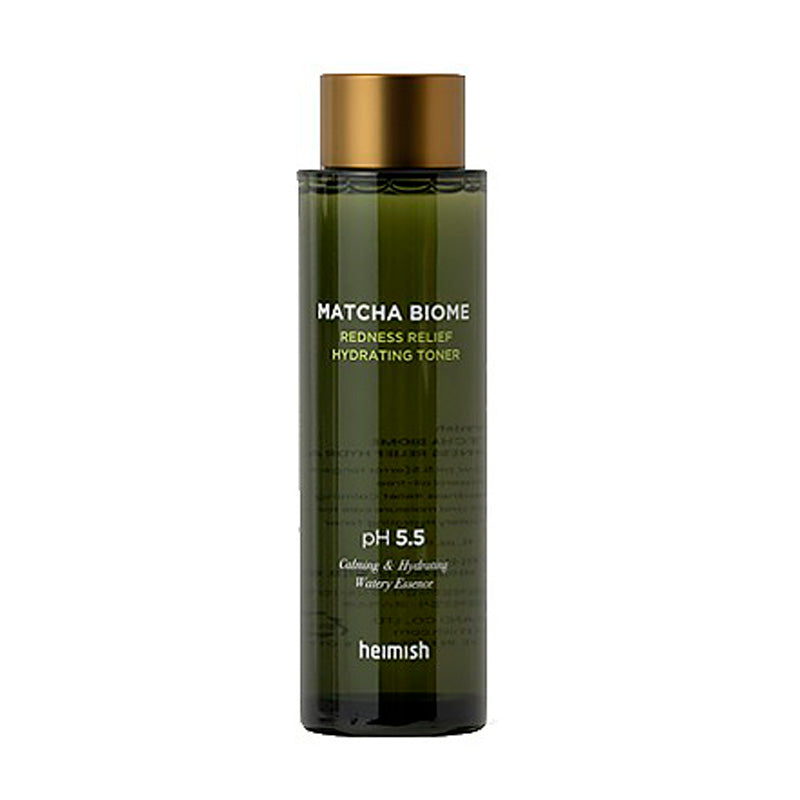 Grøn flaske med guldlåg, mærket "Heimish Matcha Biome Redness Relief Hydrating Toner".